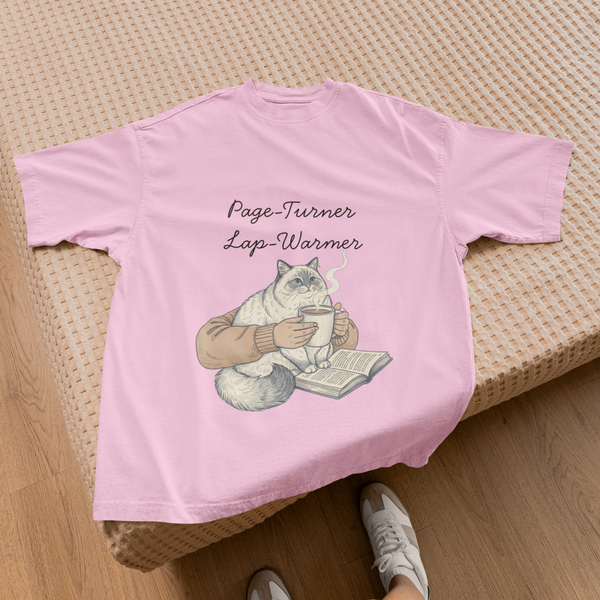 Page-Turner Lap-Warmer Cat T-Shirt – Bookish Cozy Humor by Electrik Land