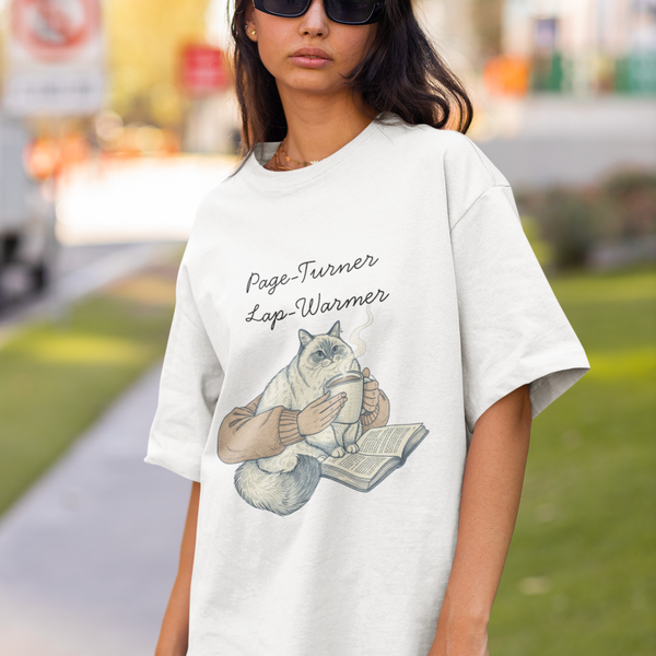 Page-Turner Lap-Warmer Cat T-Shirt – Bookish Cozy Humor by Electrik Land