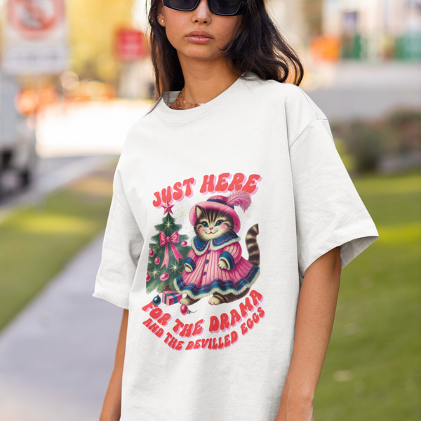 Just Here for the Drama & Devilled Eggs Cat Tee by Electrik Land
