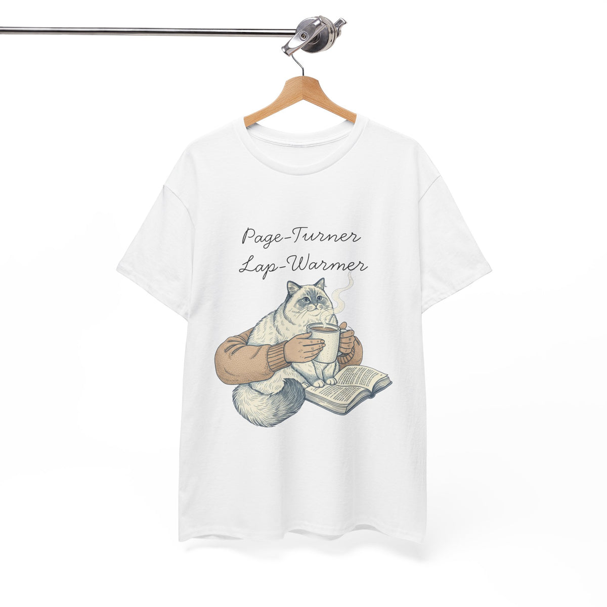 Page-Turner Lap-Warmer Cat T-Shirt – Bookish Cozy Humor by Electrik Land