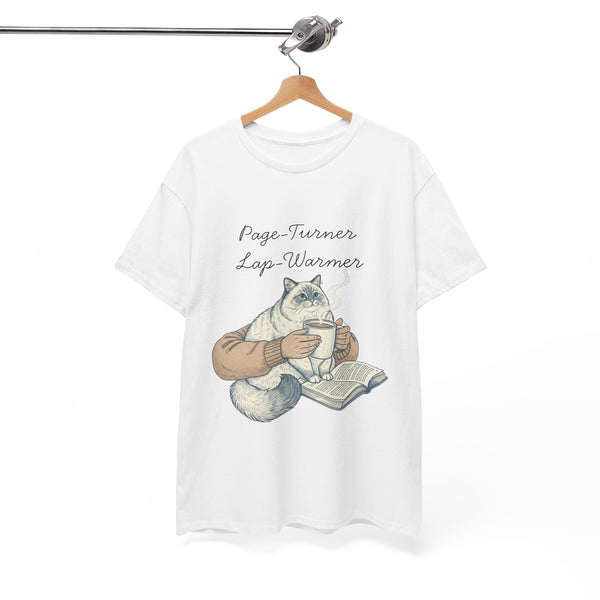 Page-Turner Lap-Warmer Cat T-Shirt – Bookish Cozy Humor by Electrik Land
