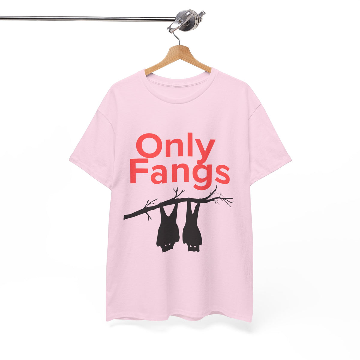 Only Fangs Hanging Bats - Unisex T-shirt displayed on a hanger with playful graphics in pink.
